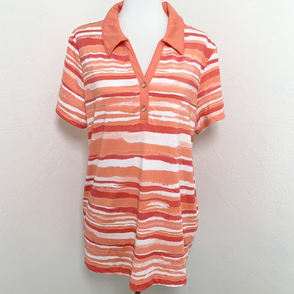 Chicos Zenergy Golf Shirt Womens 3 /XL Polo Orange Stripe Short Sleeve Stretch